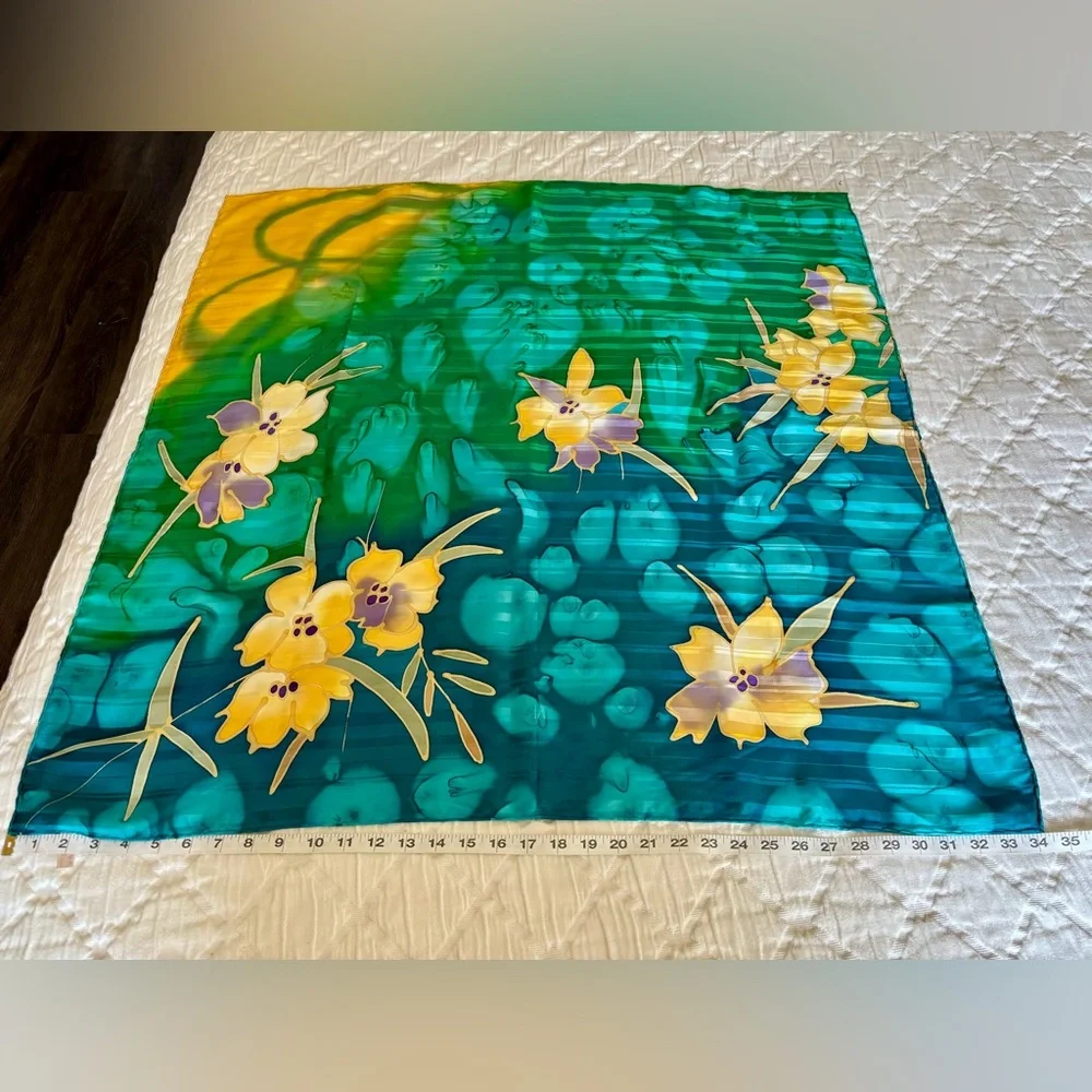 Hand-painted, Hand Rolled 100% Silk Scarf‎ Tropical, Floral, Luxury 34”x34”